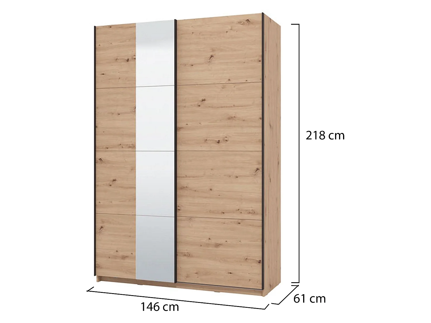 Großer Schrank Pasturo, Garderobe, 146x218 cm, Eiche Braun, Schlafzimmerschrank, 2 Regale, Schiebetür