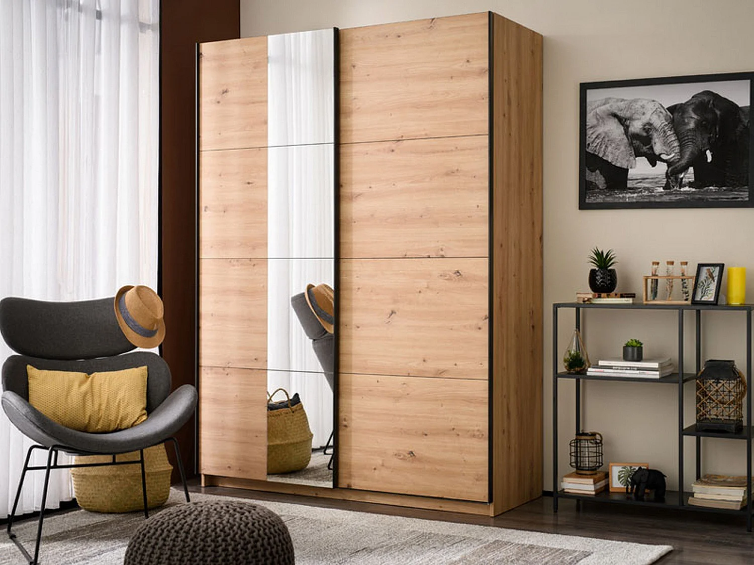 Großer Schrank Pasturo, Garderobe, 146x218 cm, Eiche Braun, Schlafzimmerschrank, 2 Regale, Schiebetür