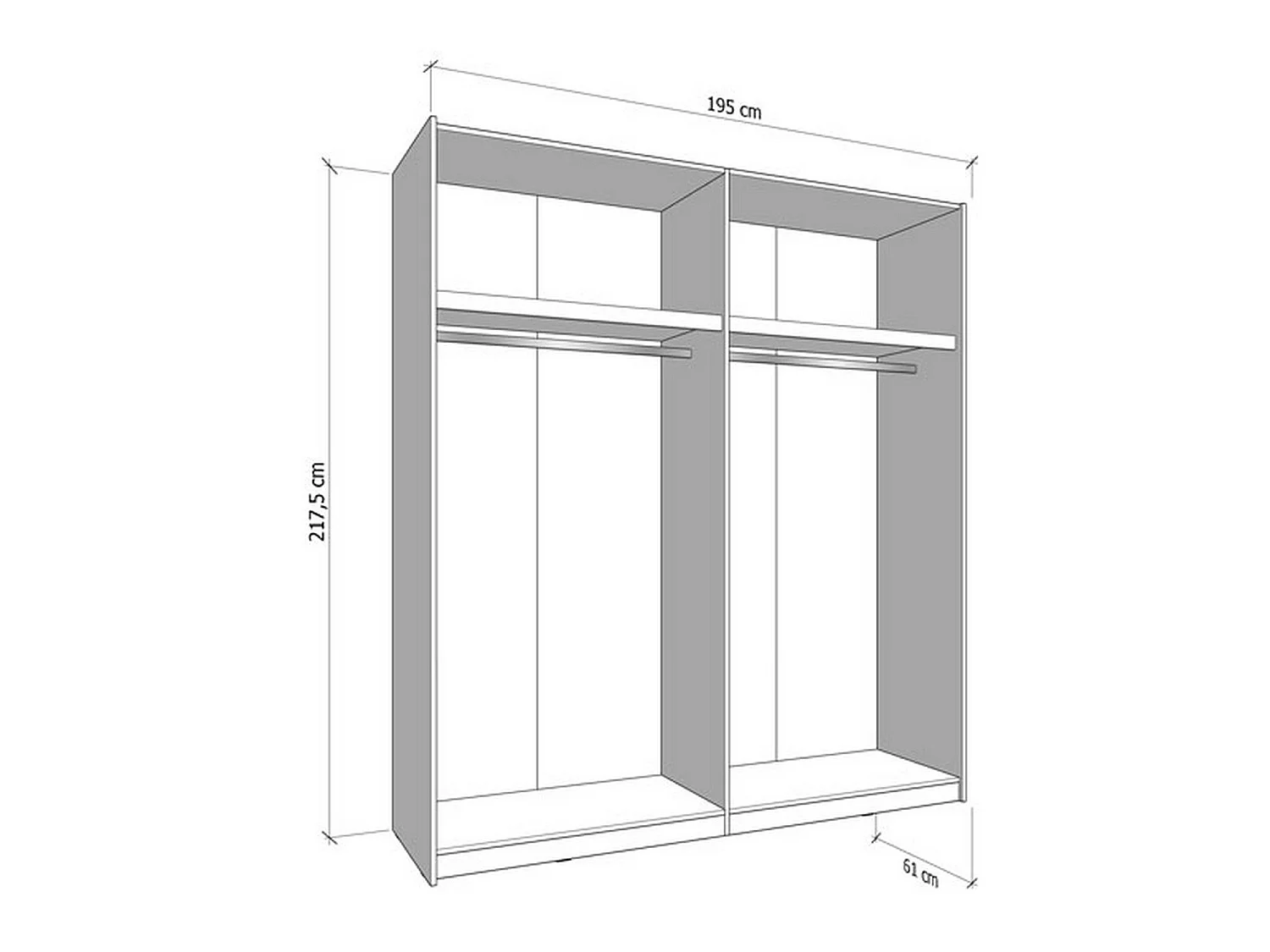 Großer Kleiderschrank Siri, Garderobe, 195x218h cm Cremeweiß, Schlafzimmer, 2 Böden, Schiebetüren