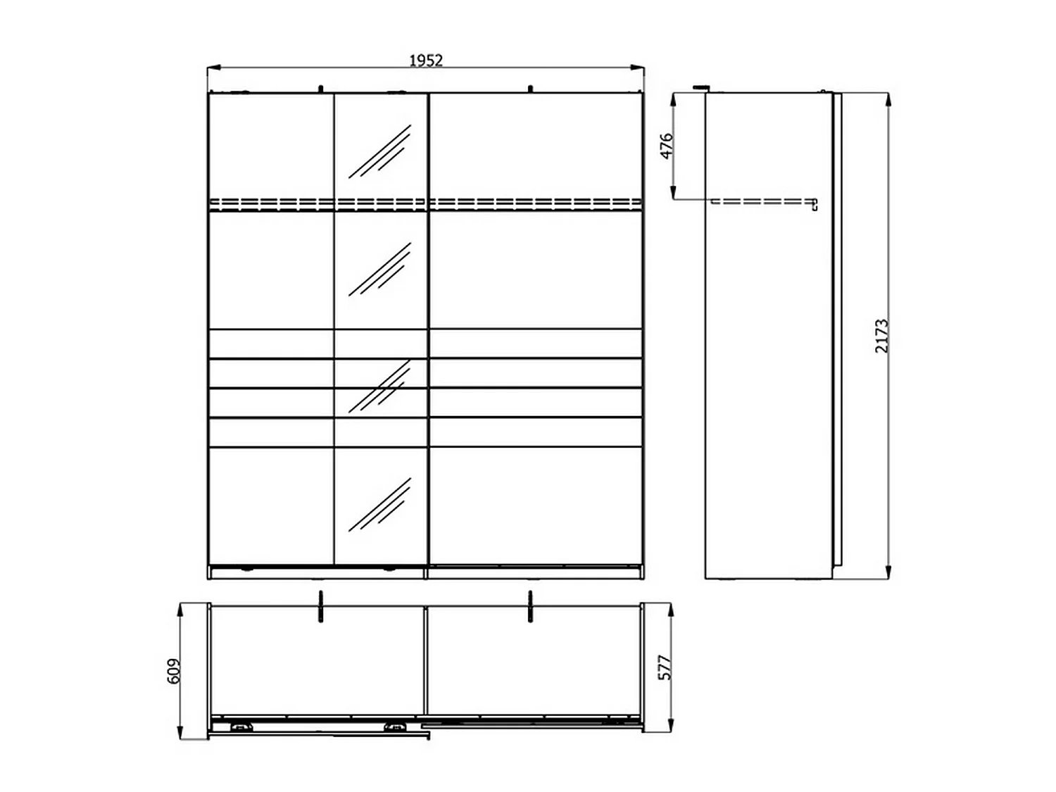 Großer Kleiderschrank Siri, Garderobe, 195x218h cm Cremeweiß, Schlafzimmer, 2 Böden, Schiebetüren
