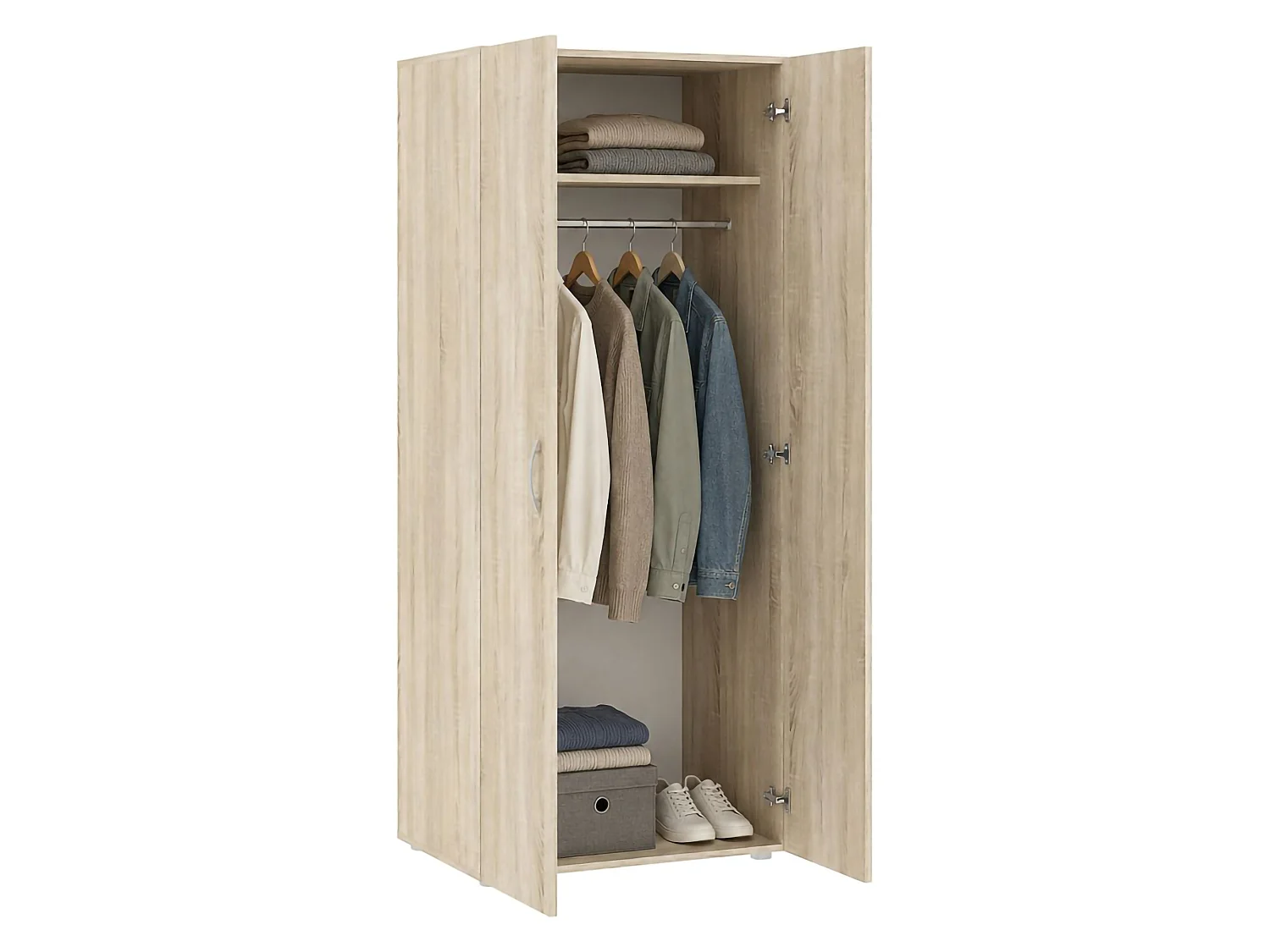 Kledingkast Malvito, 2 deuren, garderobe, 74x179h cm, eikenbruin, slaapkamerkast, 1 legplank
