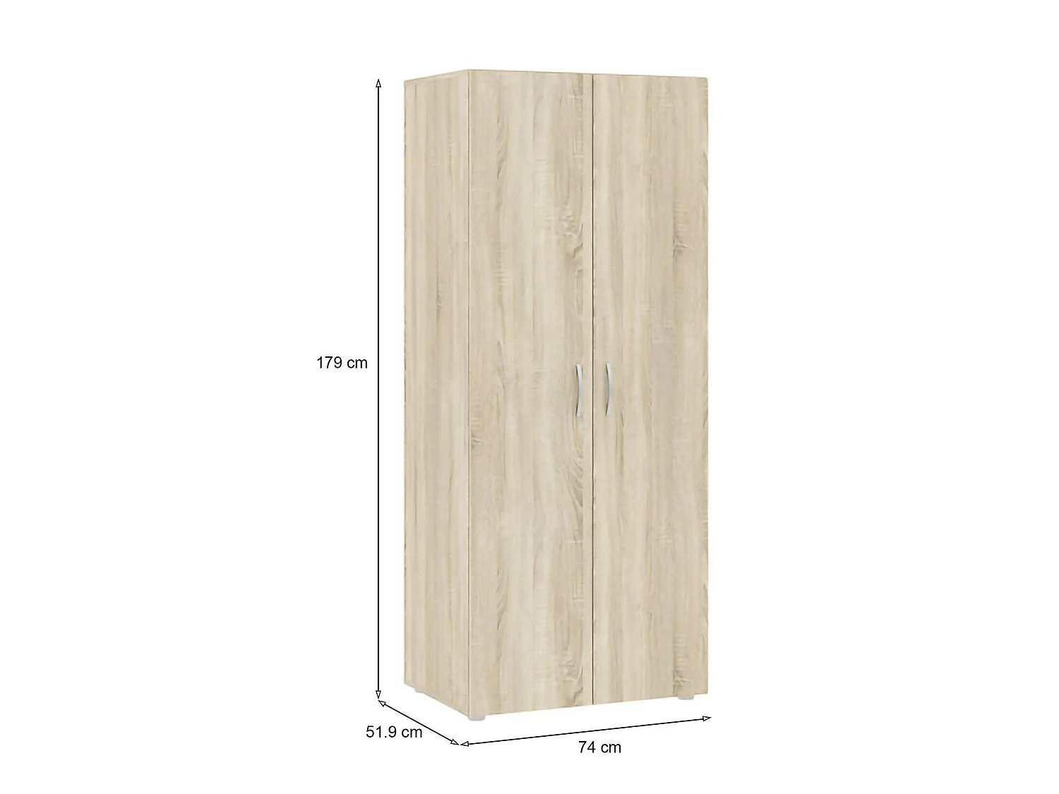 Kledingkast Malvito, 2 deuren, garderobe, 74x179h cm, eikenbruin, slaapkamerkast, 1 legplank