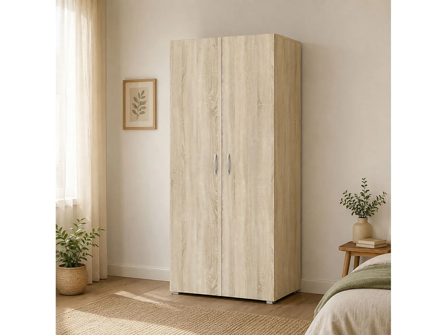 Kledingkast Malvito, 2 deuren, garderobe, 74x179h cm, eikenbruin, slaapkamerkast, 1 legplank