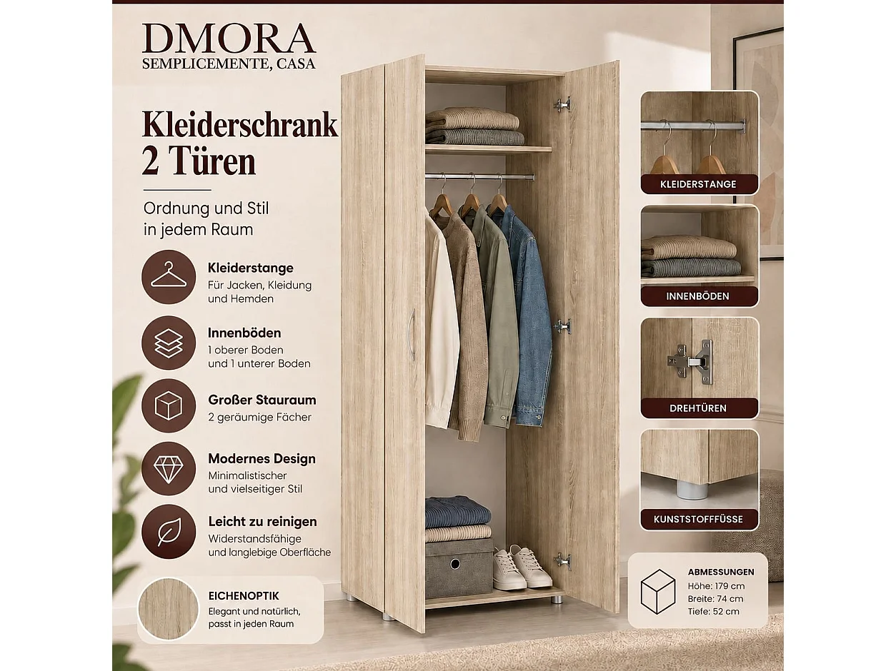 Kledingkast Malvito, 2 deuren, garderobe, 74x179h cm, eikenbruin, slaapkamerkast, 1 legplank