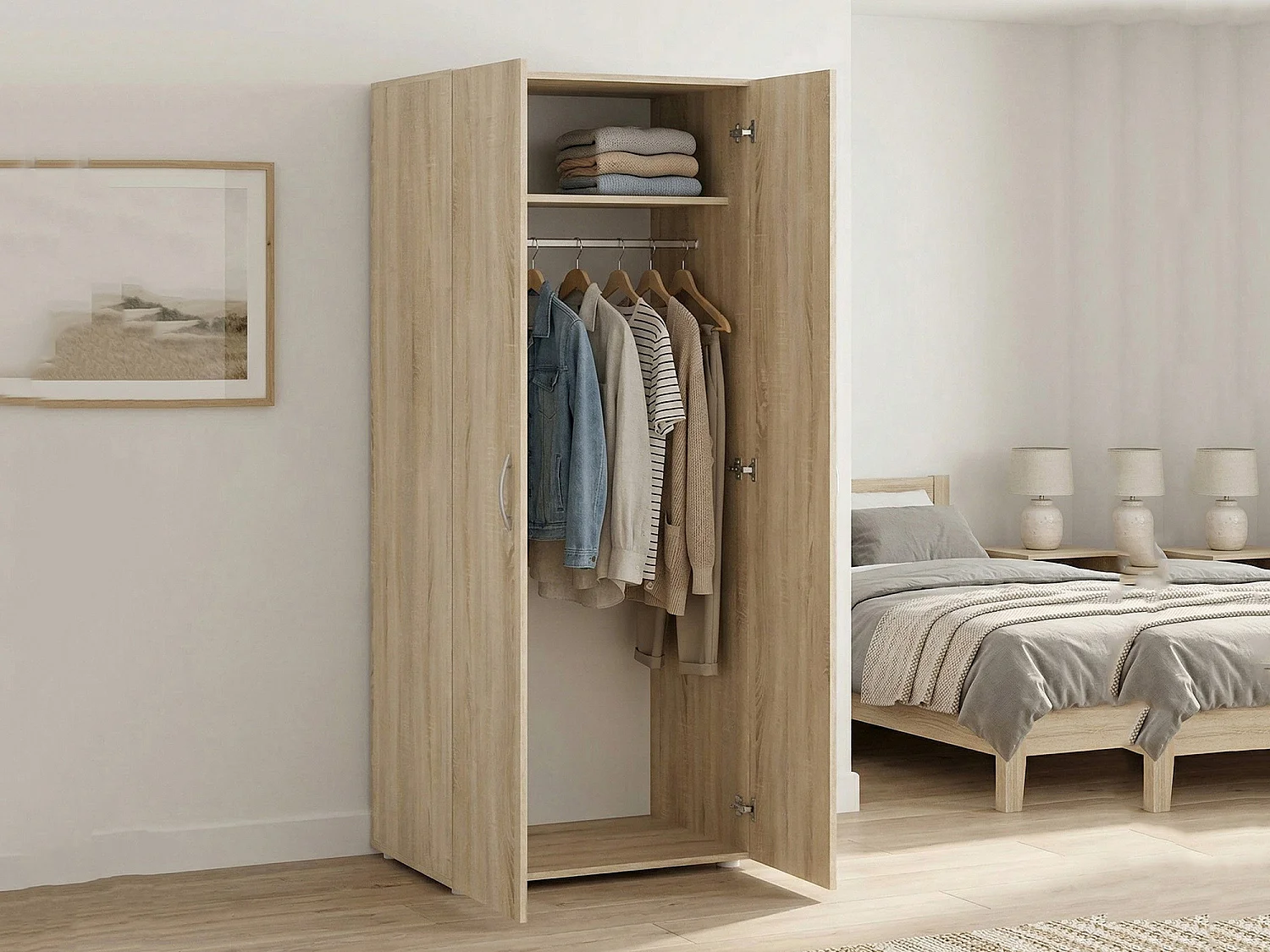 Kledingkast Malvito, 2 deuren, garderobe, 74x179h cm, eikenbruin, slaapkamerkast, 1 legplank