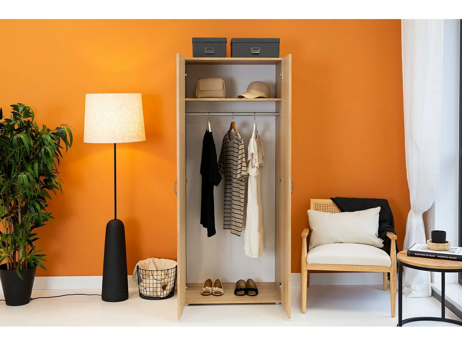 Kledingkast Malvito, 2 deuren, garderobe, 74x179h cm, eikenbruin, slaapkamerkast, 1 legplank