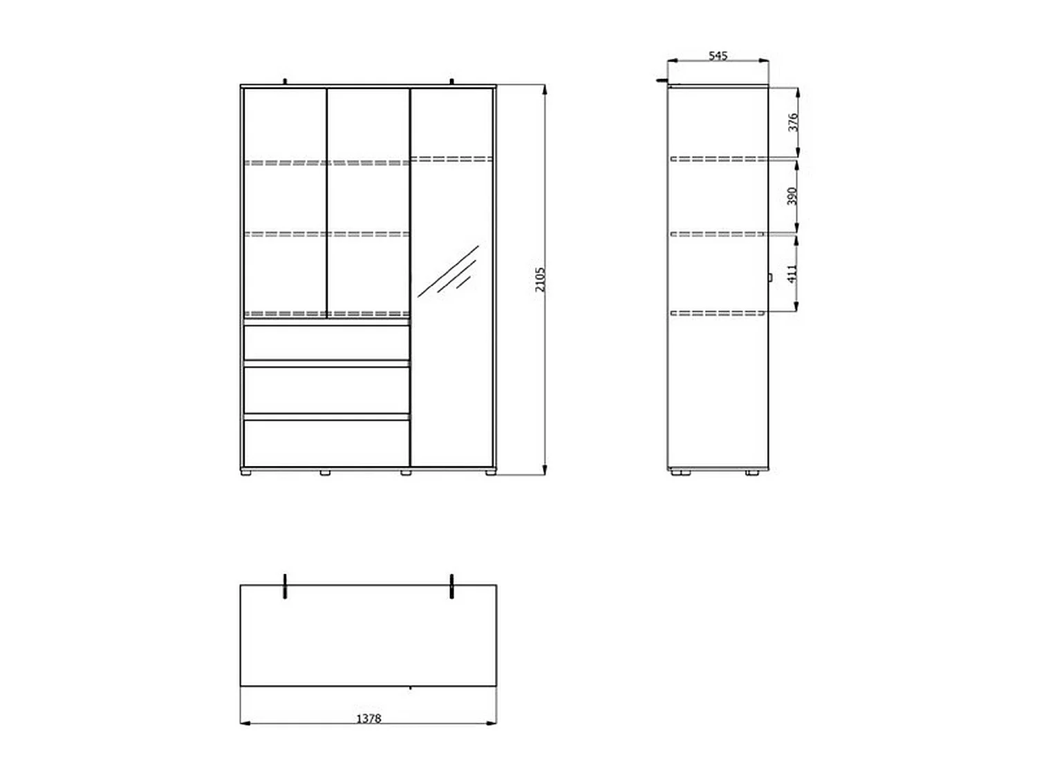 Kleiderschrank 3 Türen Ilbonoo, 4 Regalböden, 138x55 cm Weiß, Schlafzimmer-Schrank, 3 Schubladen, Kleiderstange