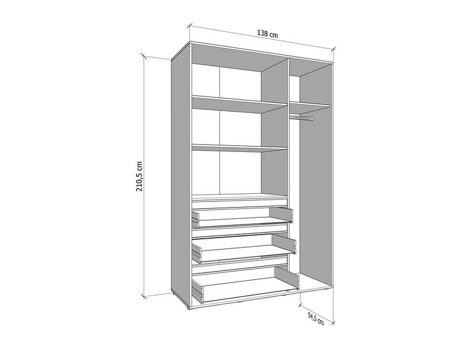 Kleiderschrank 3 Türen Ilbonoo, 4 Regalböden, 138x55 cm Weiß, Schlafzimmer-Schrank, 3 Schubladen, Kleiderstange