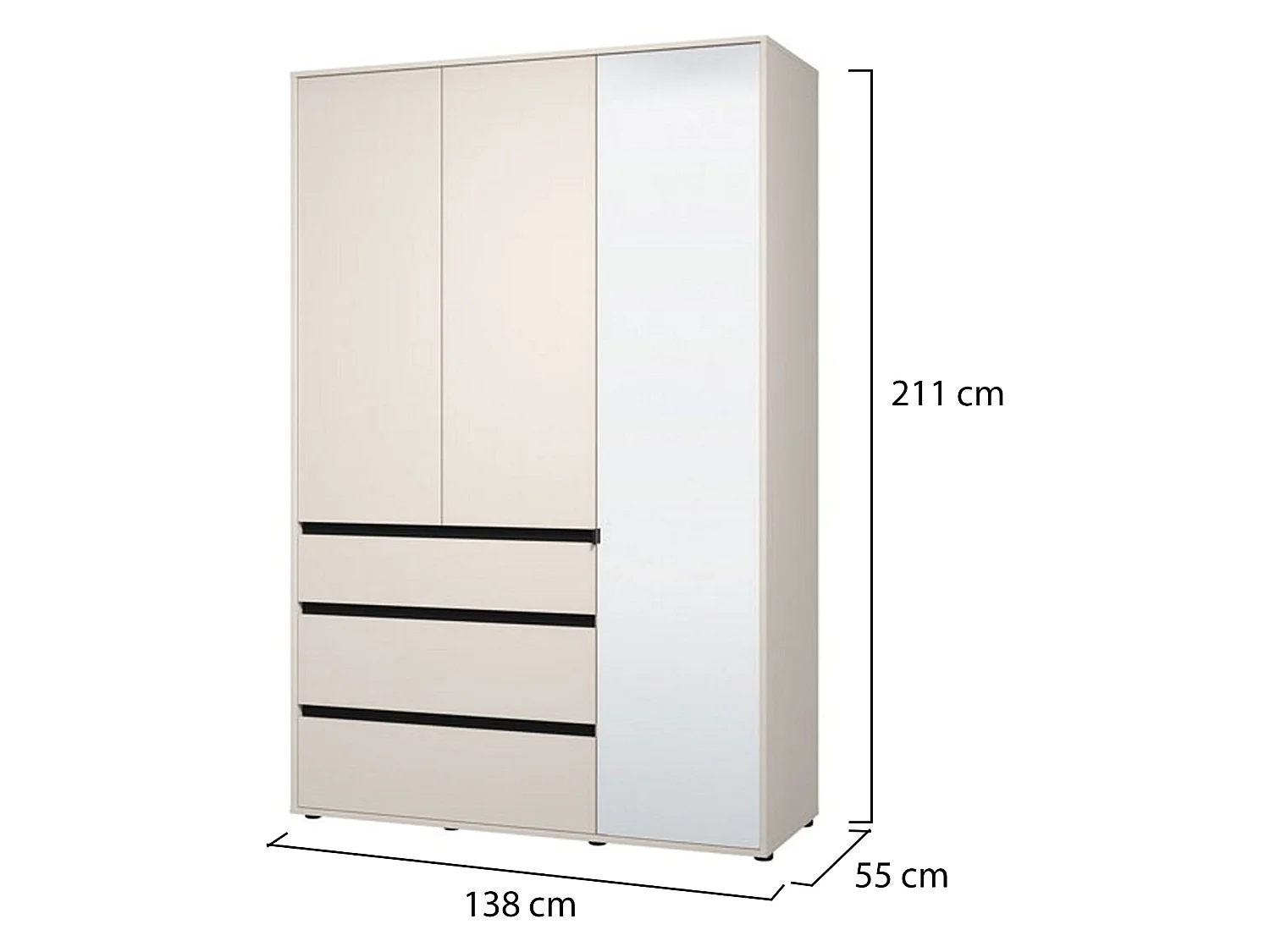 Kleiderschrank 3 Türen Ilbonoo, 4 Regalböden, 138x55 cm Weiß, Schlafzimmer-Schrank, 3 Schubladen, Kleiderstange