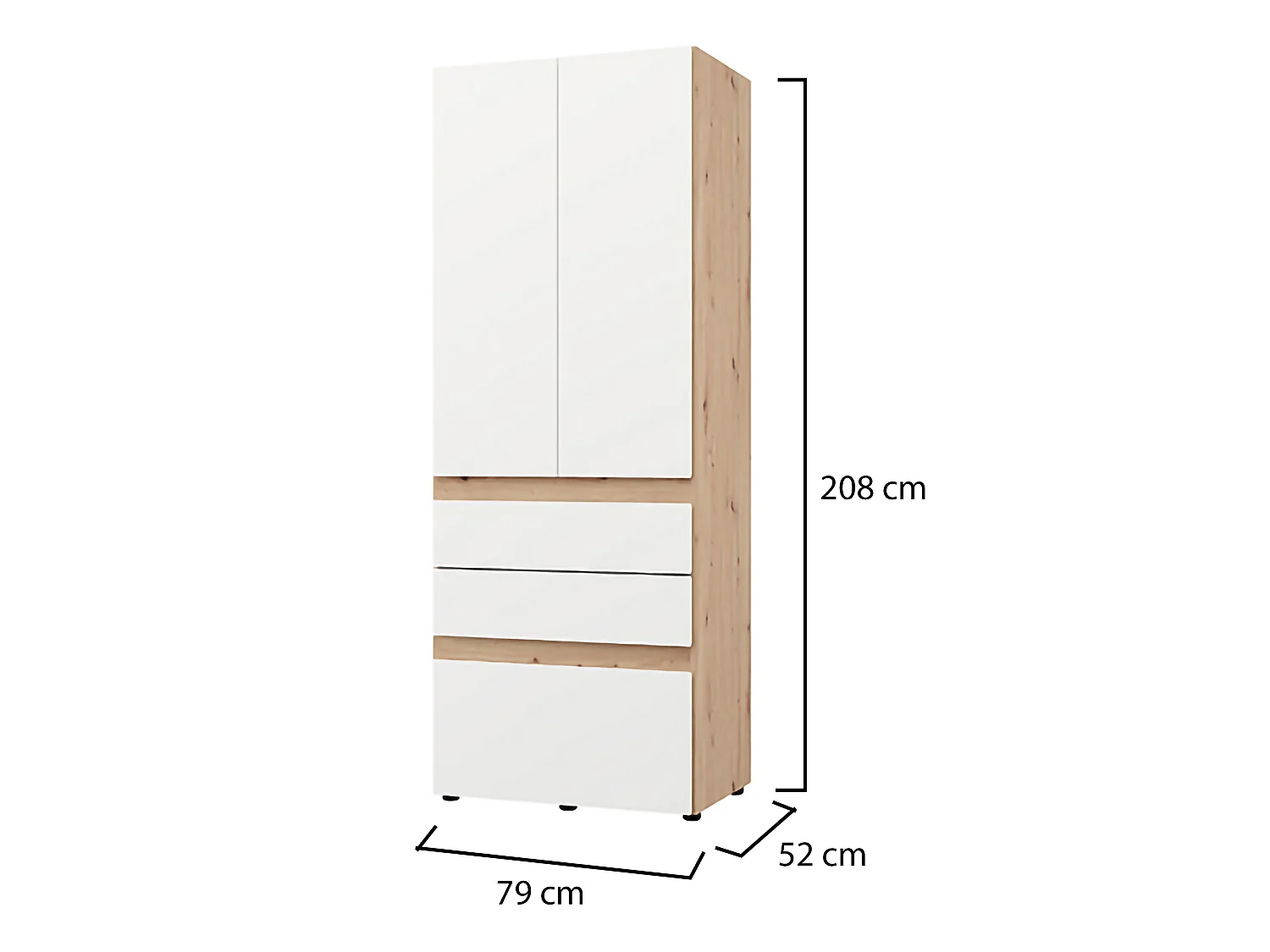 Guardaroba 2 Ante Venas, Appendiabiti, 79x208h cm Bianco Opaco, Armadio Camera da Letto, 3 Cassetti, un Ripiano