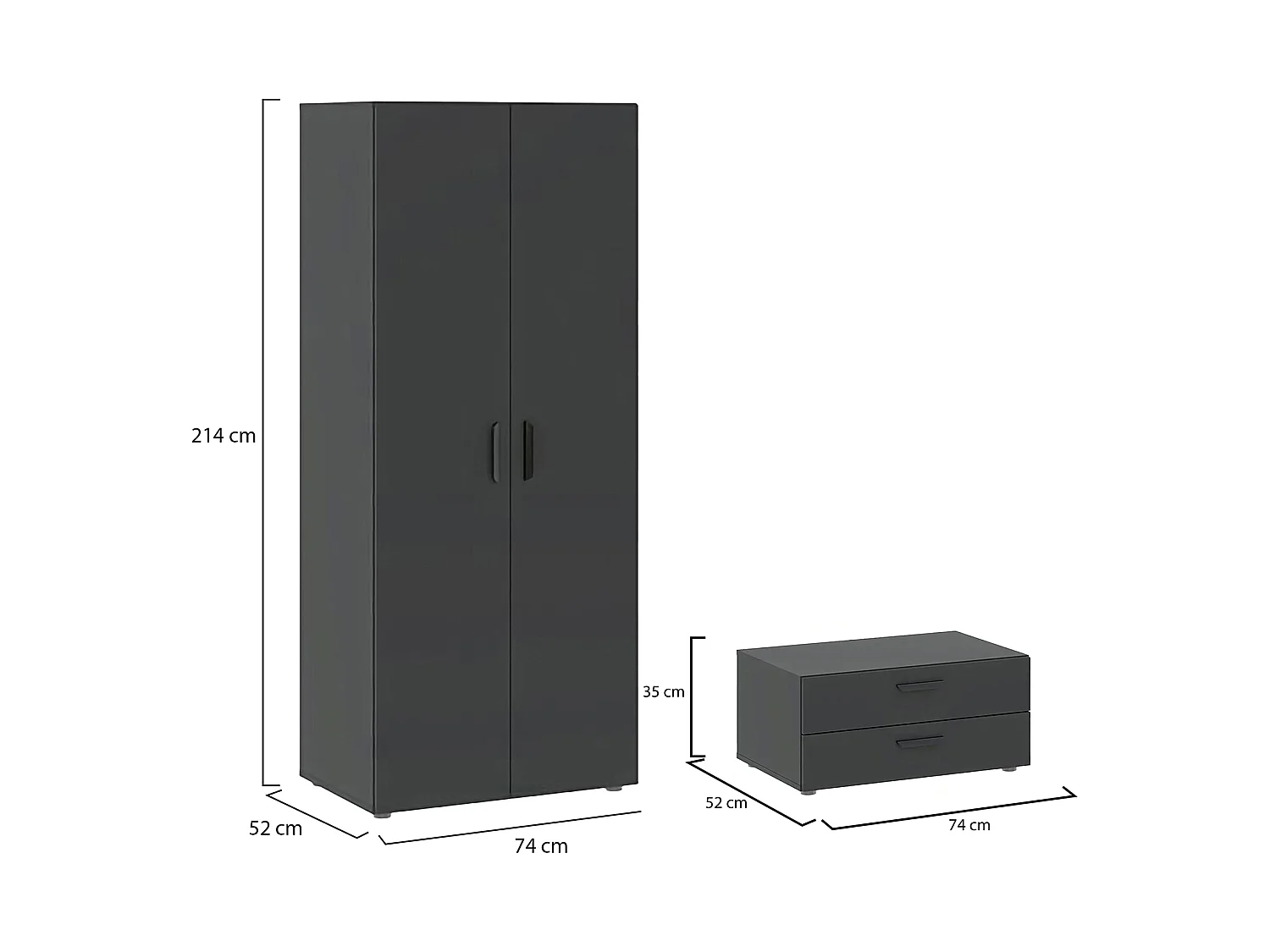 Guardaroba 2 Ante Buriasco, un Ripiano, 74x214h cm Nero Antracite, Armadio Camera da Letto, 2 Cassetti, Appendiabiti
