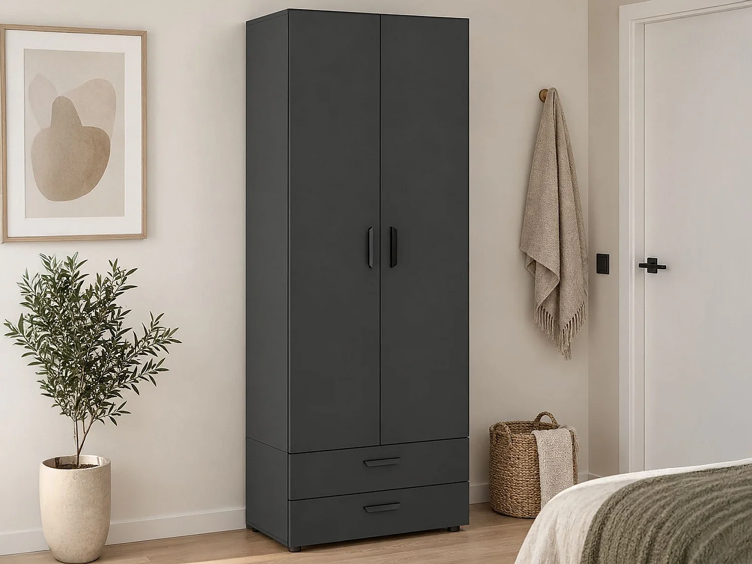 Guardaroba 2 Ante Buriasco, un Ripiano, 74x214h cm Nero Antracite, Armadio Camera da Letto, 2 Cassetti, Appendiabiti