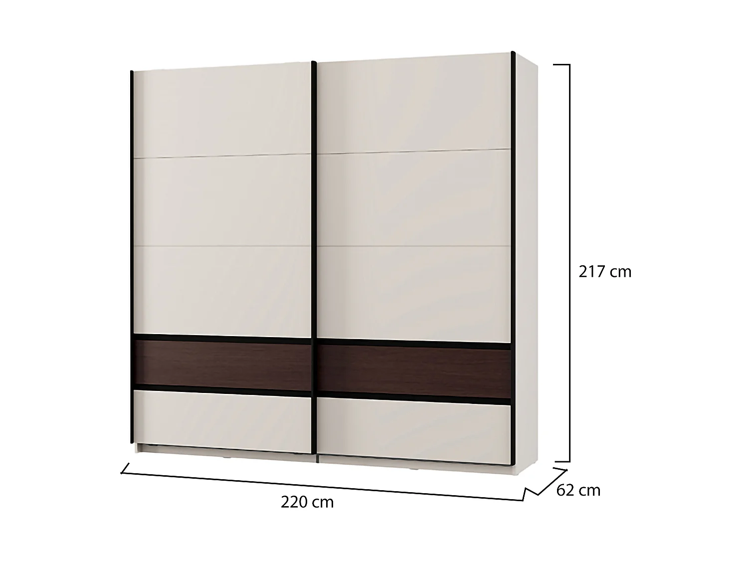 Schrank 2 Türen Vangvi, 2 Fächer, 220x217h cm Cremeweiß, Kleiderschrank Schlafzimmer, Kleiderstange, Schiebetüren