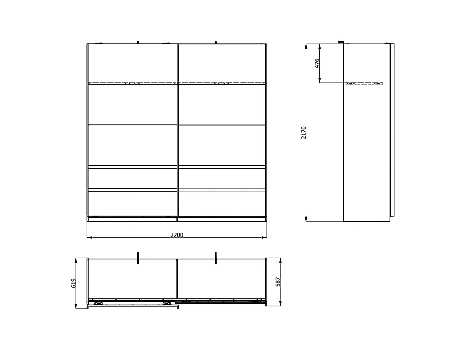 Schrank 2 Türen Vangvi, 2 Fächer, 220x217h cm Cremeweiß, Kleiderschrank Schlafzimmer, Kleiderstange, Schiebetüren