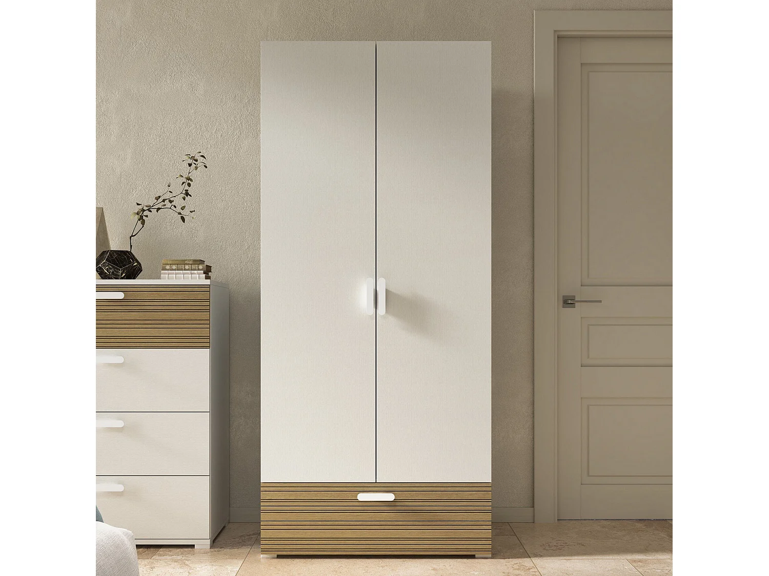 Armoire 2 Portes Centaurea, Porte-manteaux Made in Italy, 52x180h cm Blanc Chêne Strié, Chambre à Coucher