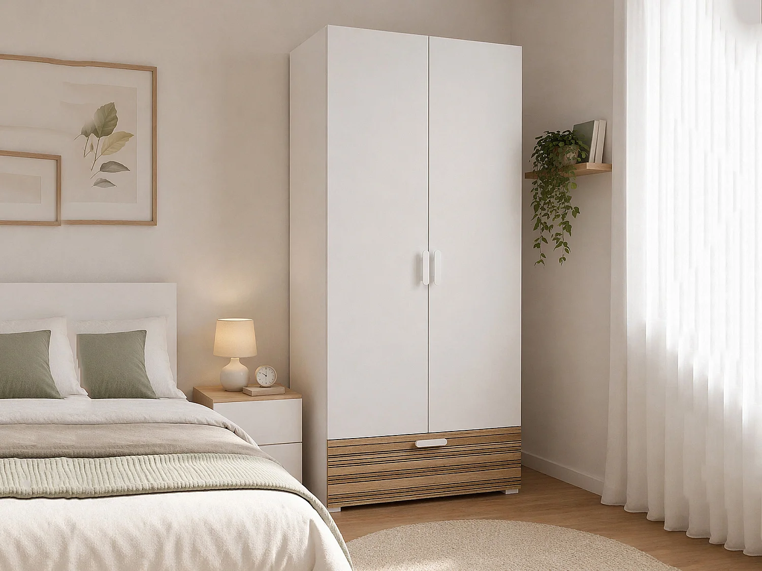 Armoire 2 Portes Centaurea, Porte-manteaux Made in Italy, 52x180h cm Blanc Chêne Strié, Chambre à Coucher