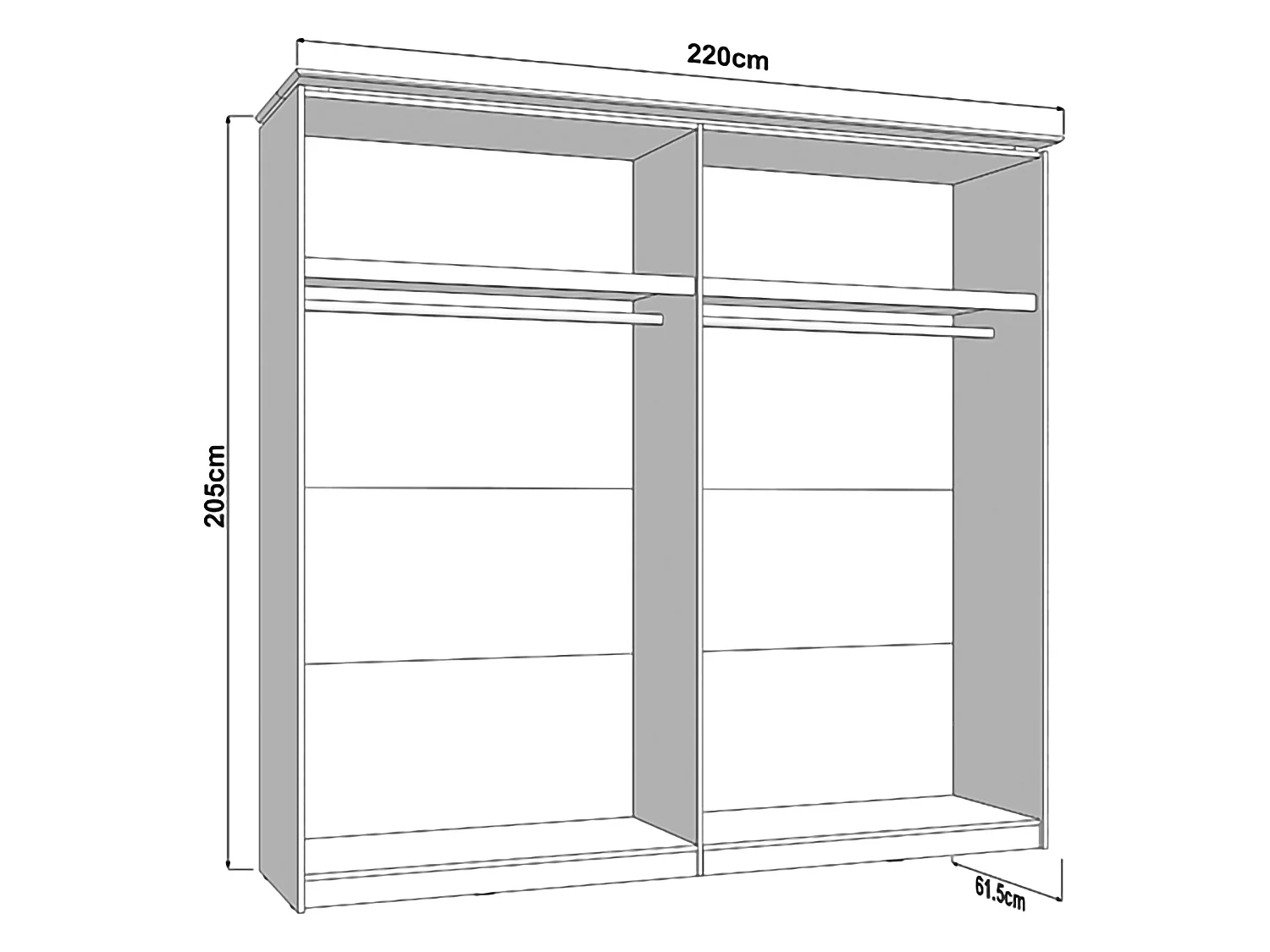 Schrank 2 Türen Aurovi, 2 Einlegeböden, 220x205h cm Cremeweiß, Schlafzimmerkleiderschrank, Kleiderstange, Schiebetür