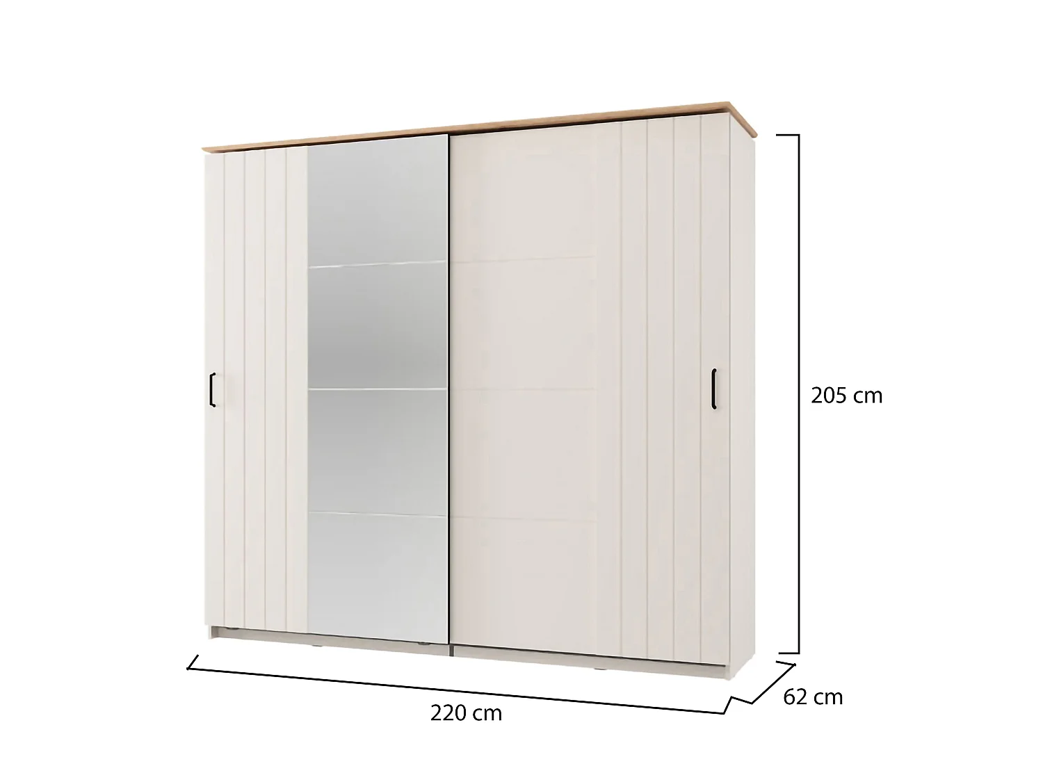 Schrank 2 Türen Aurovi, 2 Einlegeböden, 220x205h cm Cremeweiß, Schlafzimmerkleiderschrank, Kleiderstange, Schiebetür
