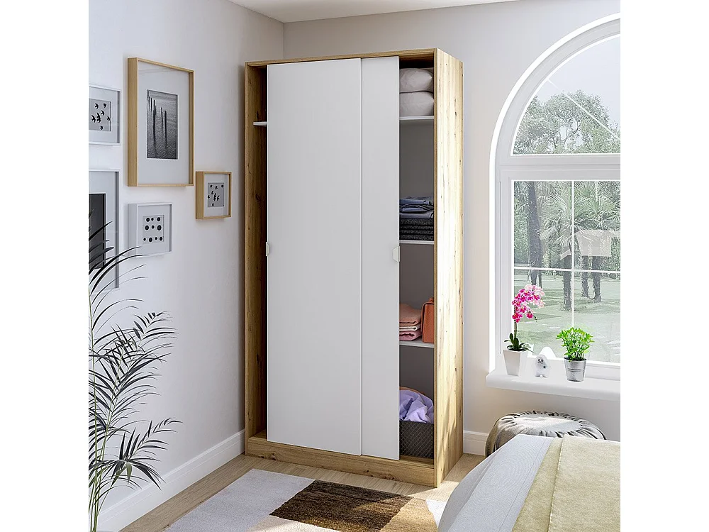 Kledingkast 2 Deurs Orgosolo, 4 Planken, 100x200h cm Bruin Eiken Knopen, Slaapkamer Kast, Kledingroede, Schuifdeur