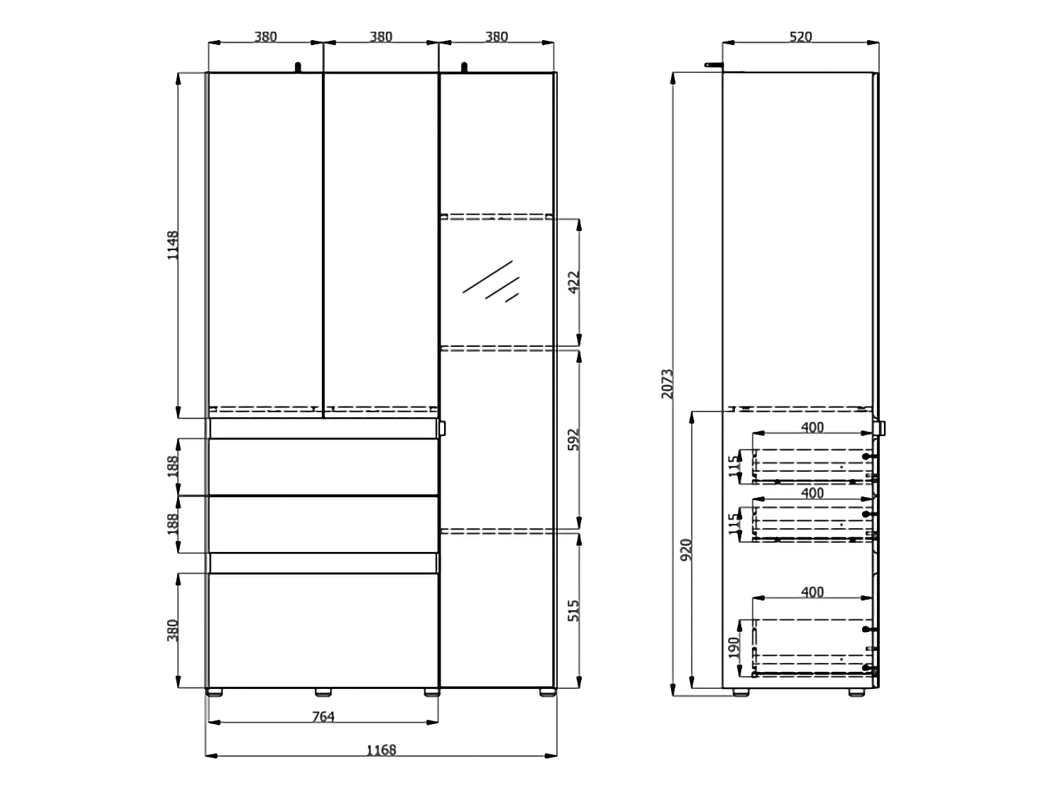 Guardaroba 3 Ante Zuccare, Appendiabiti, 117x52 cm Nero Antracite, Armadio Camera da Letto, 3 Cassetti, 4 Ripiani