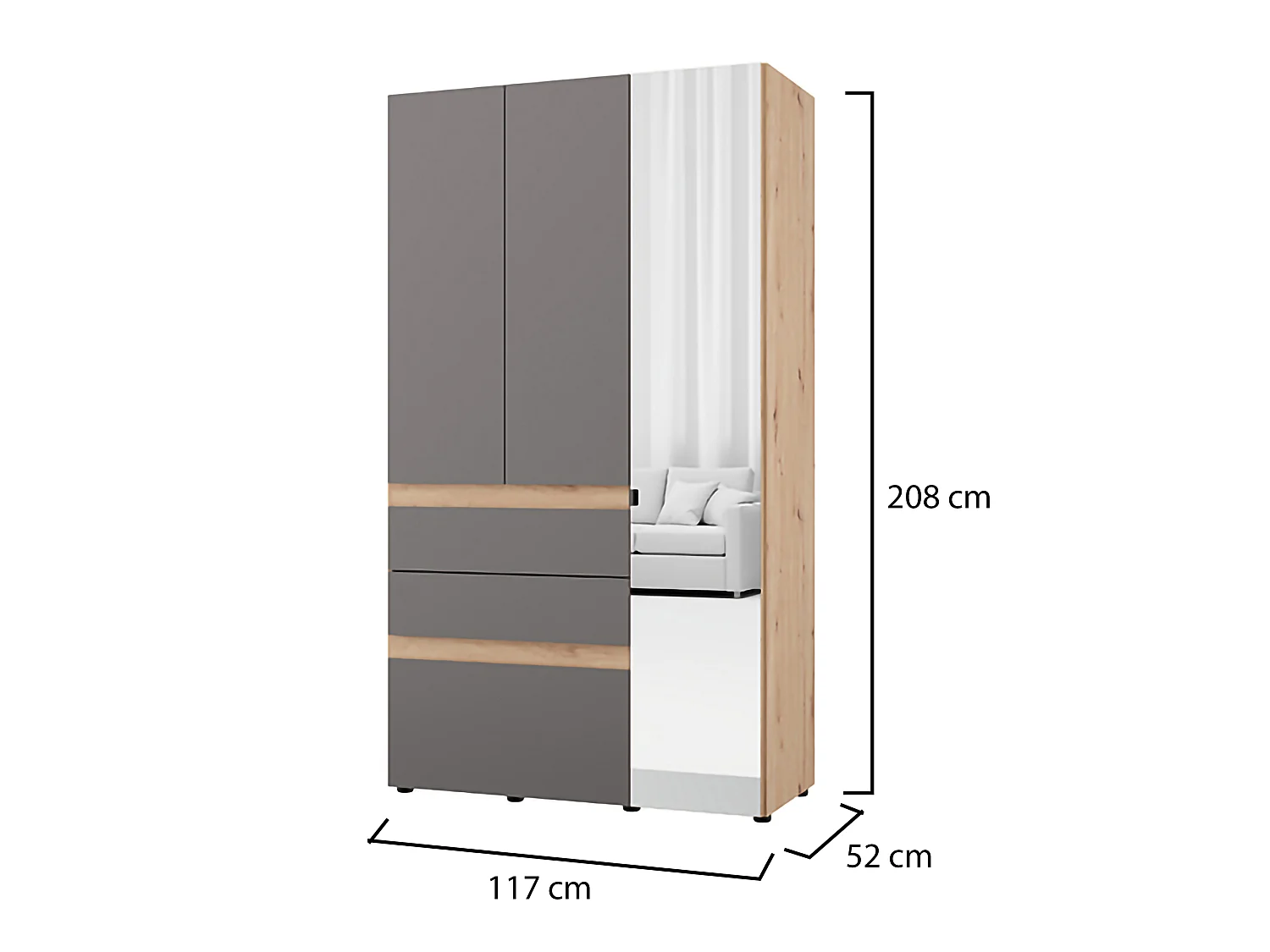 Guardaroba 3 Ante Zuccare, Appendiabiti, 117x52 cm Nero Antracite, Armadio Camera da Letto, 3 Cassetti, 4 Ripiani