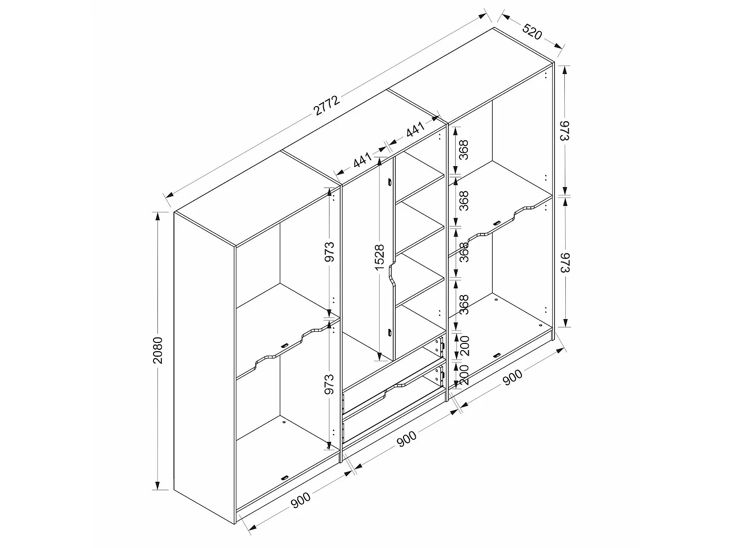 Guardaroba Grande Gaspard, 5 Ripiani, 277x208h cm Nero e Marrone noce\ Antracite, Armadio Camera da Letto, Appendiabiti, 2 Cassetti