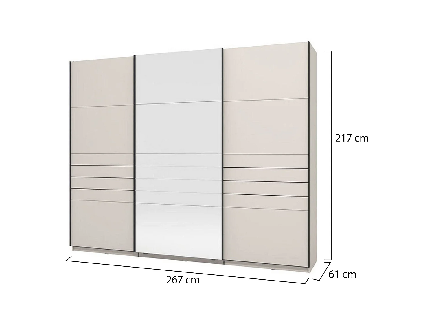 Großer Tures Kleiderschrank, Garderobe, 267x217h cm, Cremeweiß, Schlafzimmer-Schrank, 3 Regale, Schiebetür
