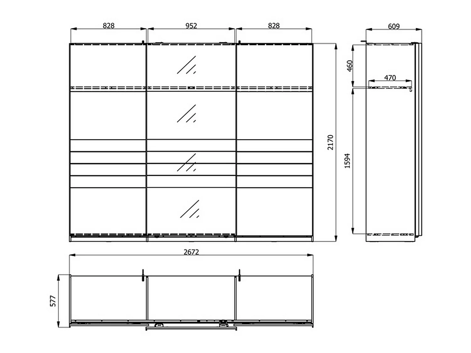 Großer Tures Kleiderschrank, Garderobe, 267x217h cm, Cremeweiß, Schlafzimmer-Schrank, 3 Regale, Schiebetür