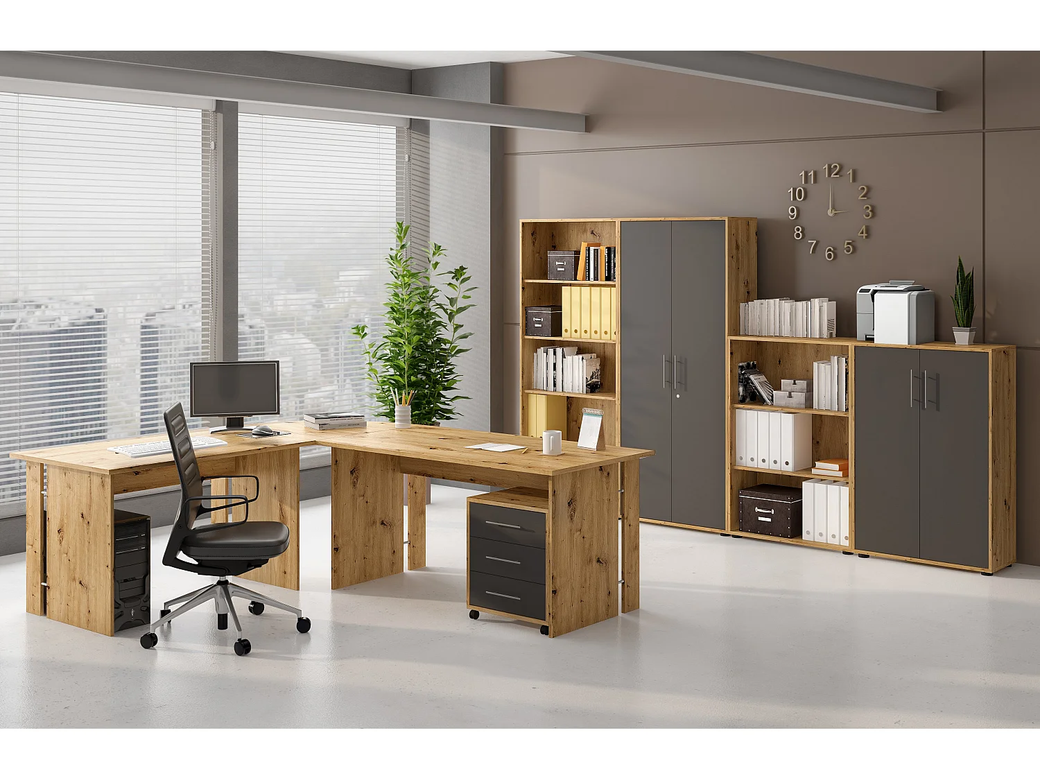 Armoire polyfonctionnelle 2 portes Parabita, 4 étagères, 79x118h cm Chêne brun, 2 portes, 5 compartiments