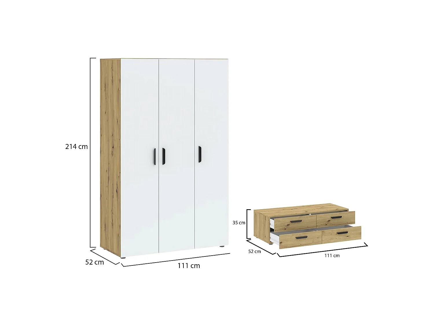 Armoire 3 Portes Randazzo, Penderie, 111x52 cm Chêne Brun Noeuds, Armoire Chambre, 4 Tiroirs, 4 Étagères