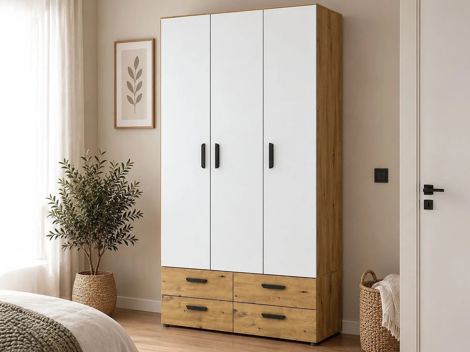 Armoire 3 Portes Randazzo, Penderie, 111x52 cm Chêne Brun Noeuds, Armoire Chambre, 4 Tiroirs, 4 Étagères