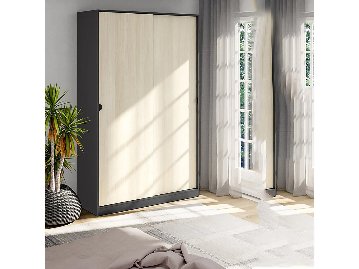Armoire 2 Portes Fiora, 4 Étagères, 50x200h cm Gris Anthracite, Armoire Chambre