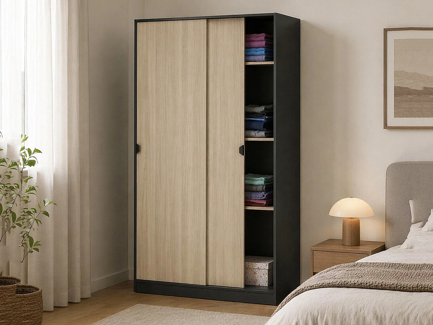 Armoire 2 Portes Fiora, 4 Étagères, 50x200h cm Gris Anthracite, Armoire Chambre