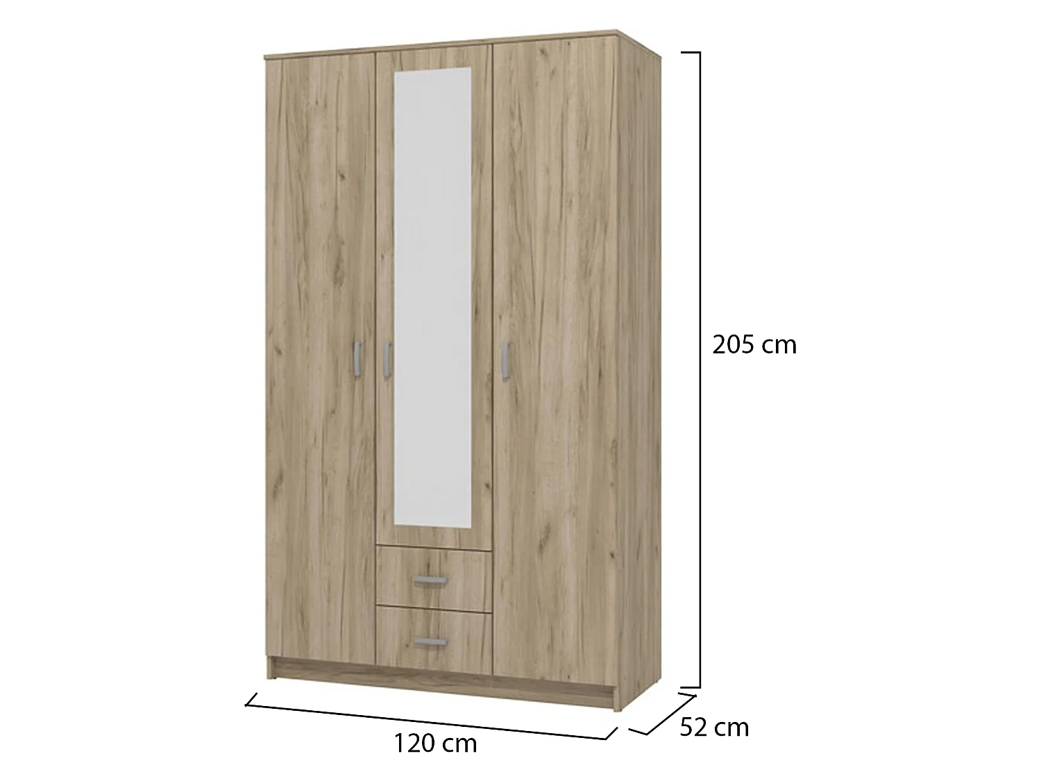 Armoire 3 Portes Crati, Porte-manteaux, 120x52 cm Chêne Marron, Armoire Chambre, 2 Tiroirs, 4 Étagères