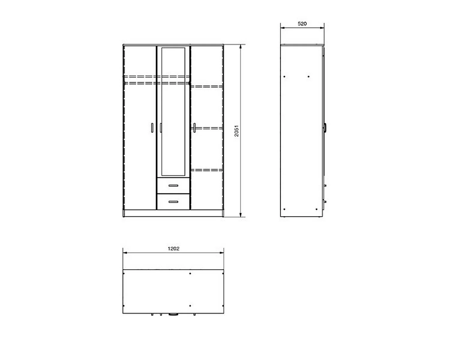 Armoire 3 Portes Crati, Porte-manteaux, 120x52 cm Chêne Marron, Armoire Chambre, 2 Tiroirs, 4 Étagères