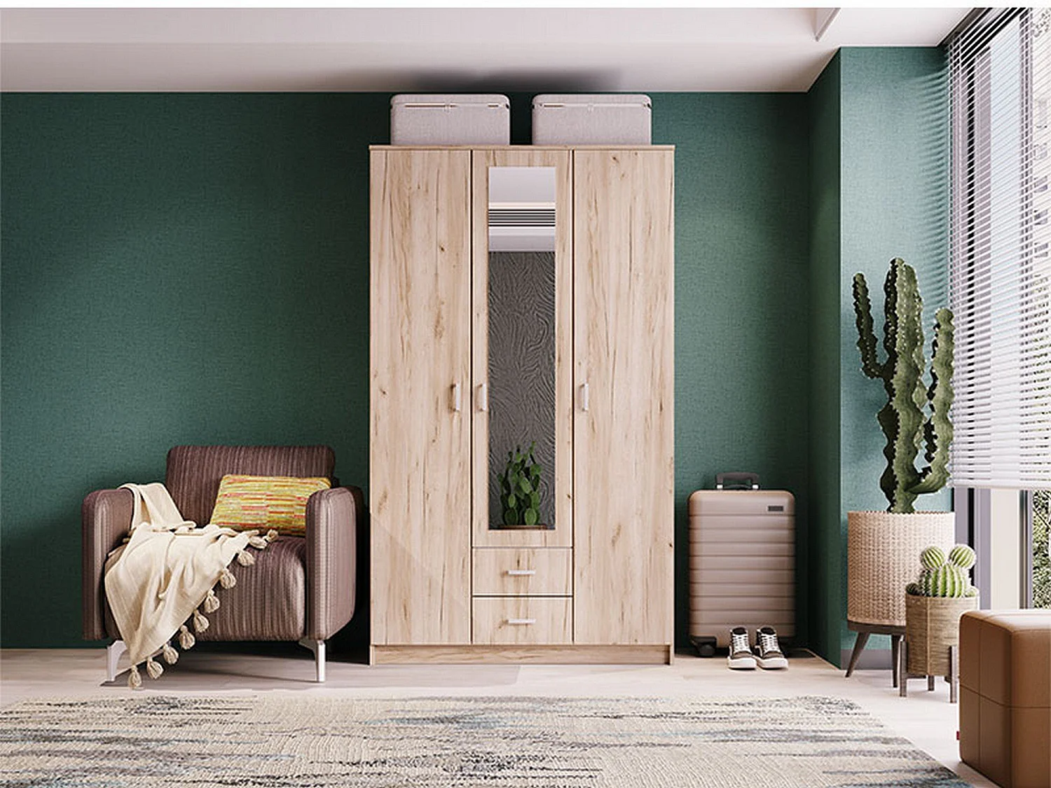 Armoire 3 Portes Crati, Porte-manteaux, 120x52 cm Chêne Marron, Armoire Chambre, 2 Tiroirs, 4 Étagères