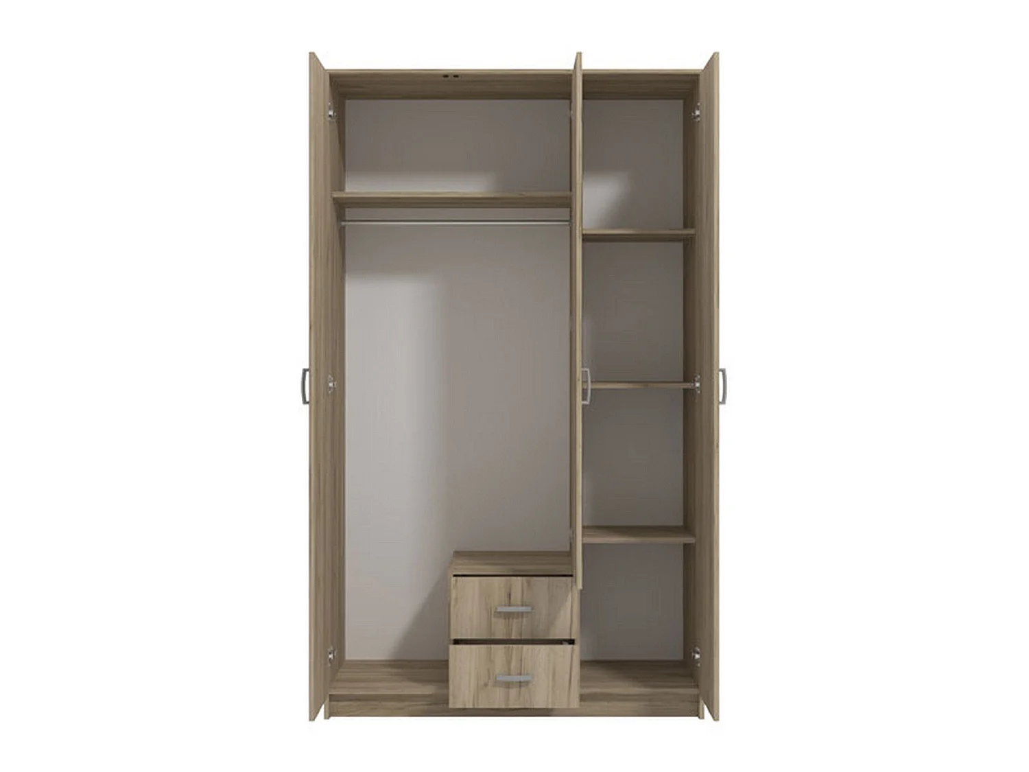 Armoire 3 Portes Crati, Porte-manteaux, 120x52 cm Chêne Marron, Armoire Chambre, 2 Tiroirs, 4 Étagères