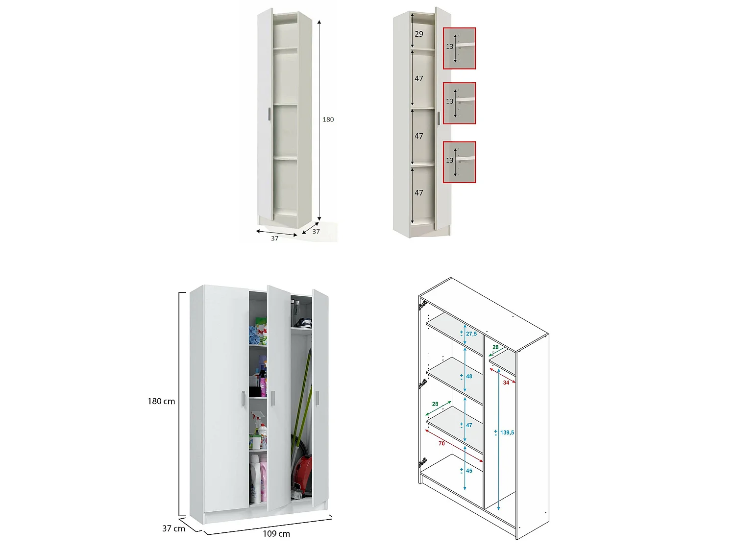 Armadio Multiuso Grande Sinnai, Modulabile, 146x180h cm Bianco, 7 Ripiani, 4 Ante