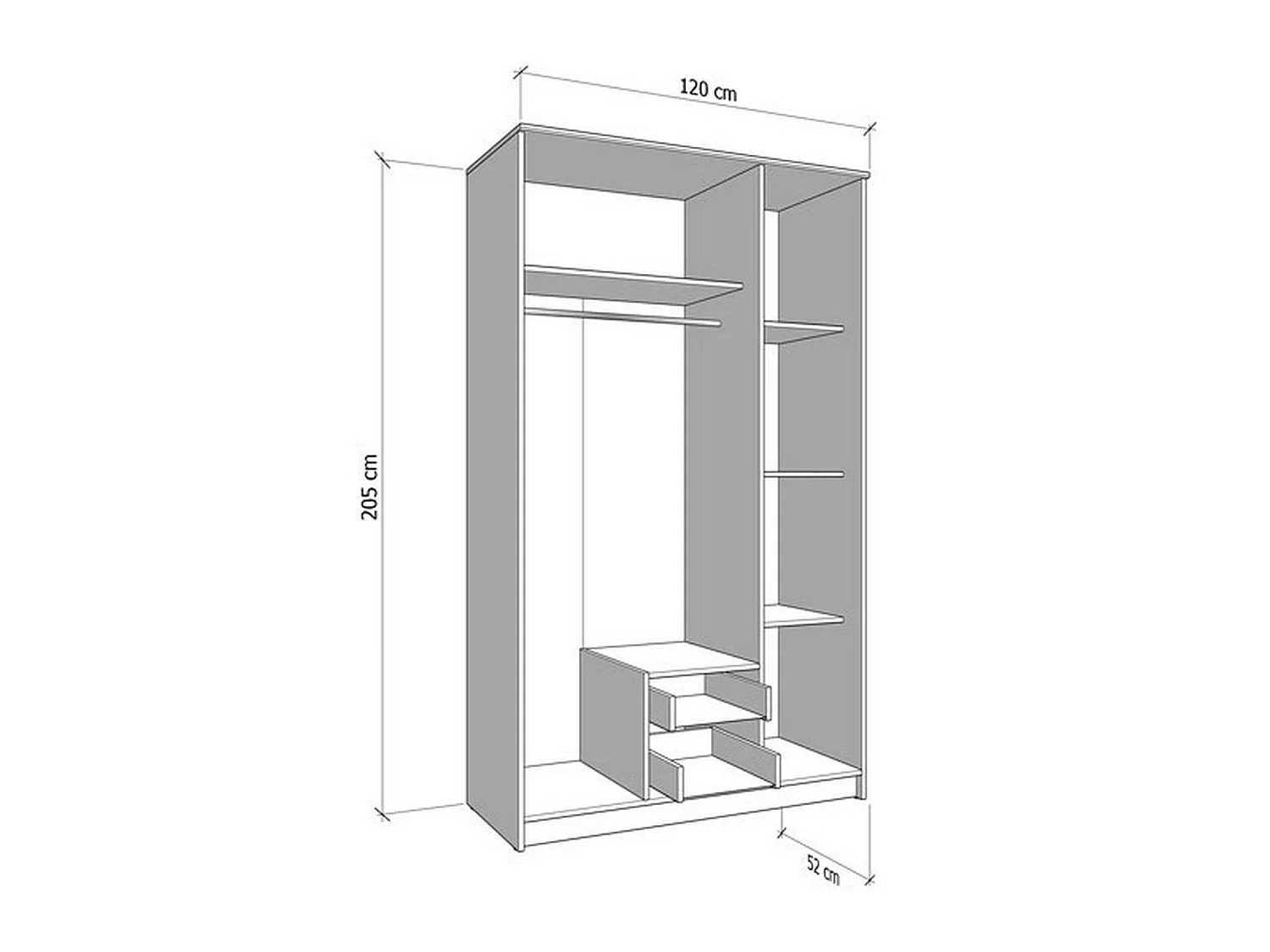 Armoire 3 Portes Crati, Porte-manteaux, 120x52 cm Chêne Marron, Chambre à Coucher, 2 Tiroirs, 4 Étagères