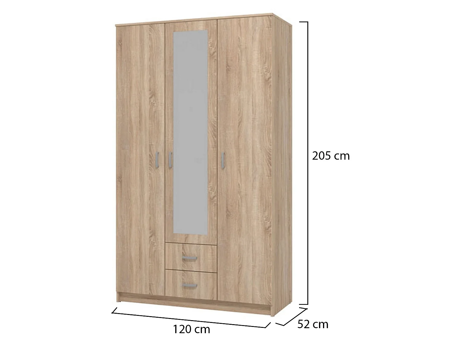 Armoire 3 Portes Crati, Porte-manteaux, 120x52 cm Chêne Marron, Chambre à Coucher, 2 Tiroirs, 4 Étagères