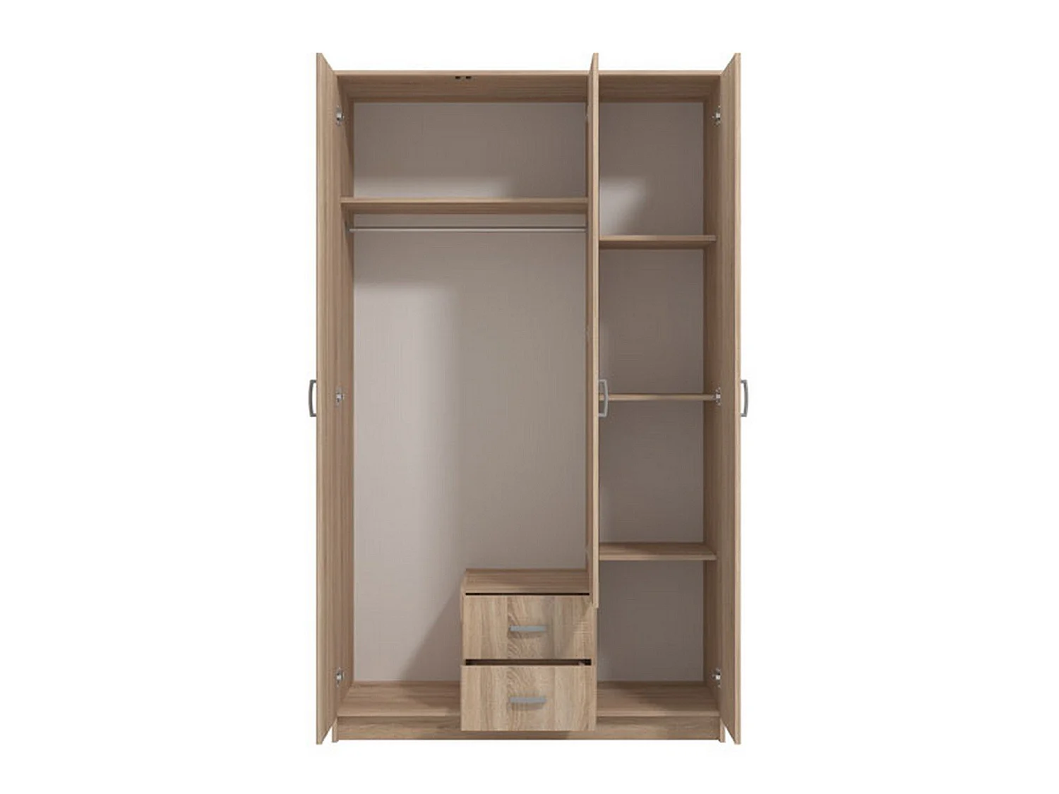 Armoire 3 Portes Crati, Porte-manteaux, 120x52 cm Chêne Marron, Chambre à Coucher, 2 Tiroirs, 4 Étagères