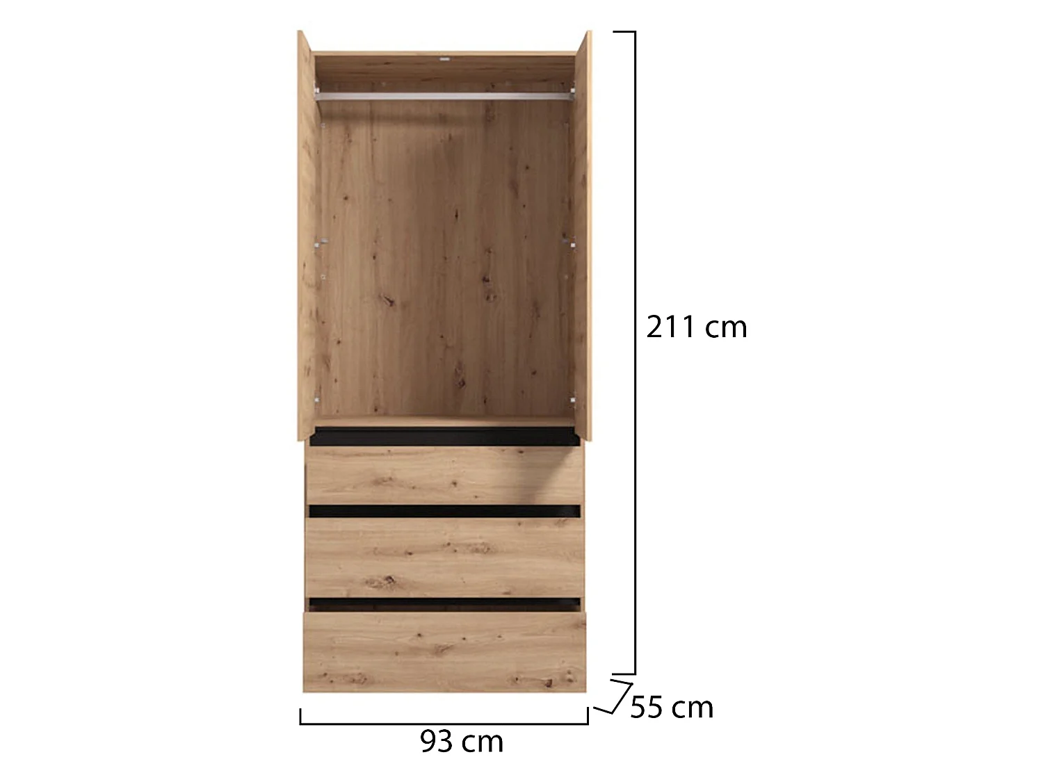 Vimercati 2-türiger Kleiderschrank, Kleiderstange, 93x211h cm, Eiche Braun, Schlafzimmer, 3 Schubladen, 1 Regal