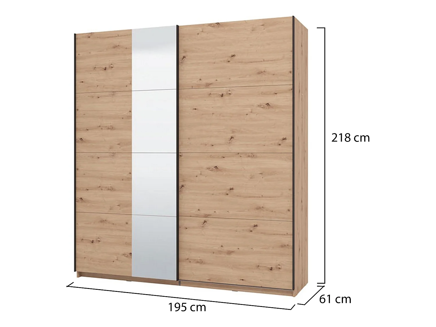 Großer Kleiderschrank Porlezza, Kleiderbügel, 195x218h cm, Braun Eiche Knoten, Schlafzimmer Schrank, 2 Regale, Schiebetür