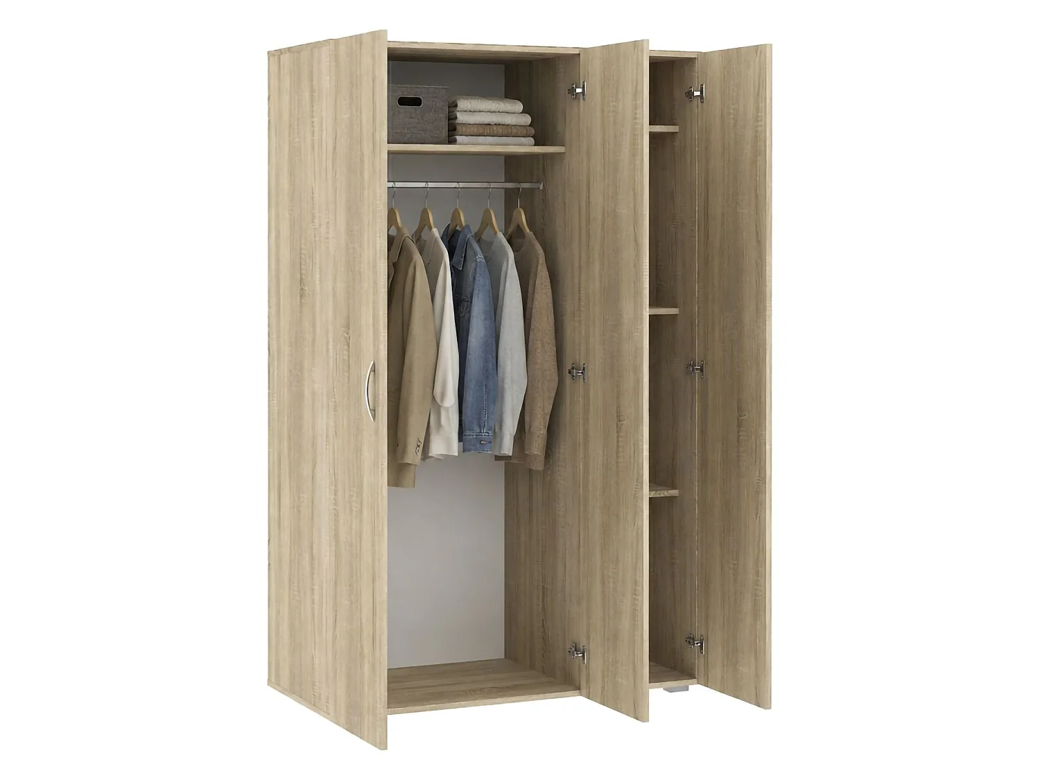 3-deurs garderobekast Pettineo, kledingkast met hanggedeelte, 111x52 cm eikenbruin, slaapkamerkast, 4 legplanken, 3 deuren