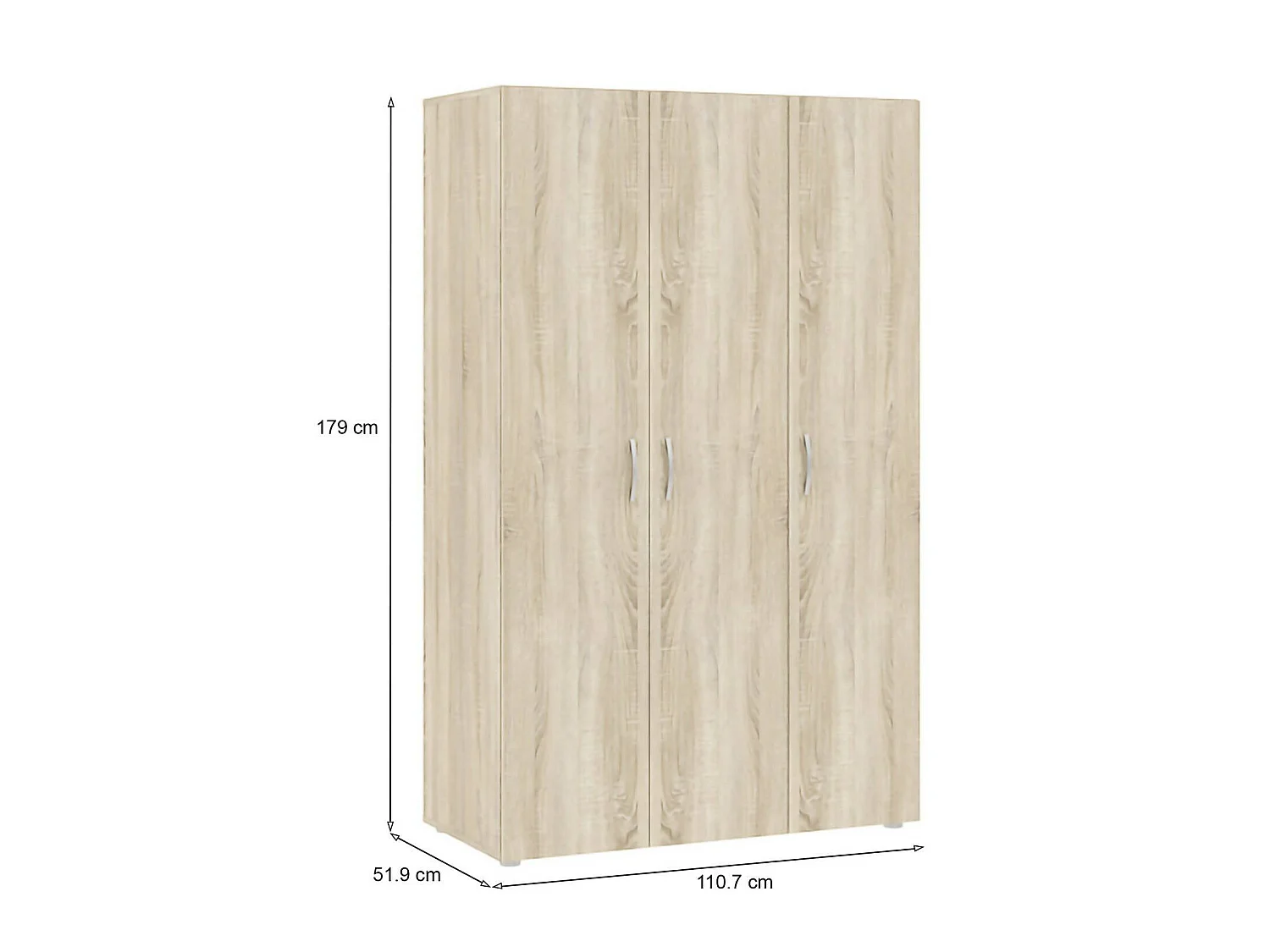 3-deurs garderobekast Pettineo, kledingkast met hanggedeelte, 111x52 cm eikenbruin, slaapkamerkast, 4 legplanken, 3 deuren