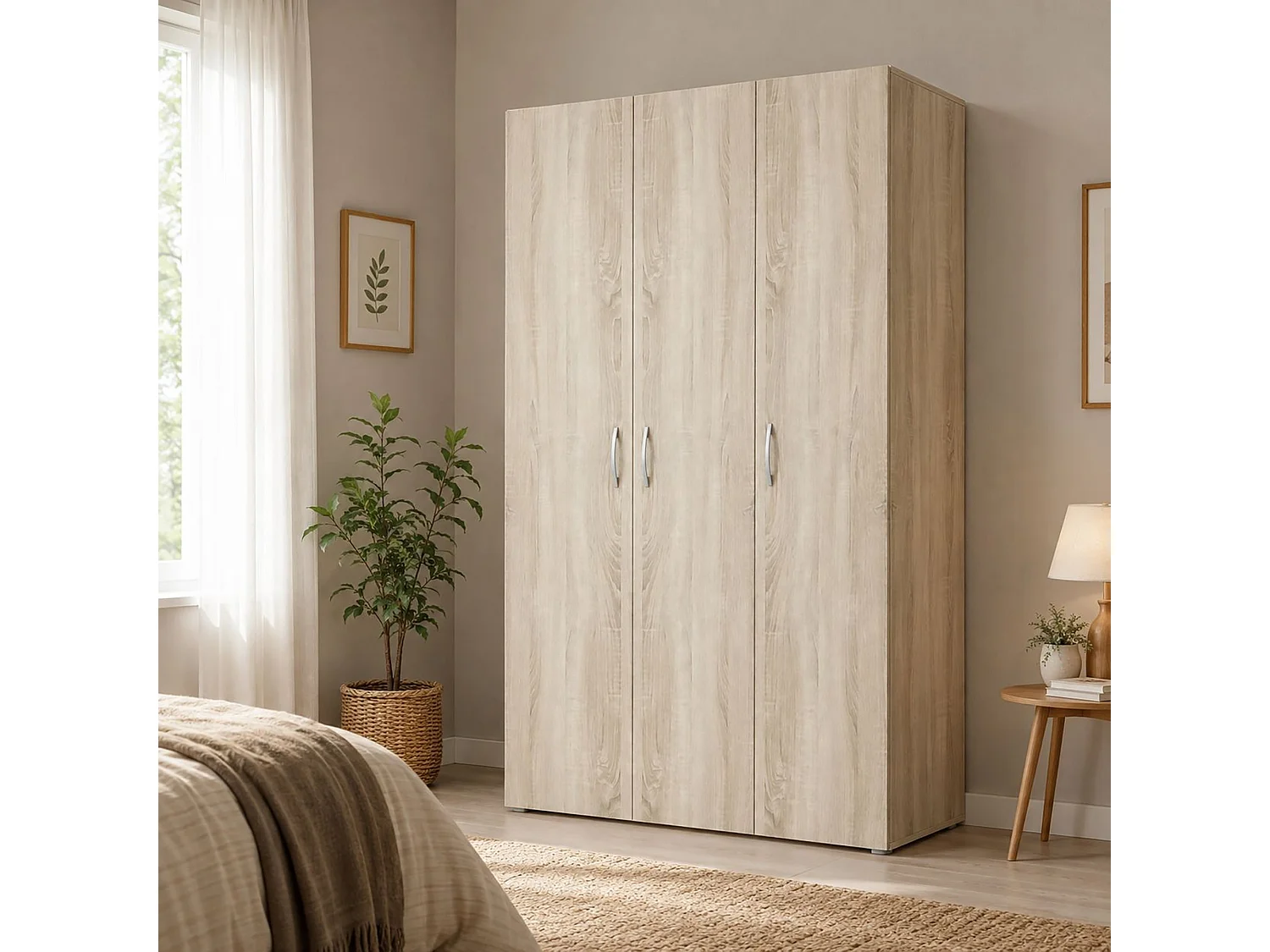 3-deurs garderobekast Pettineo, kledingkast met hanggedeelte, 111x52 cm eikenbruin, slaapkamerkast, 4 legplanken, 3 deuren