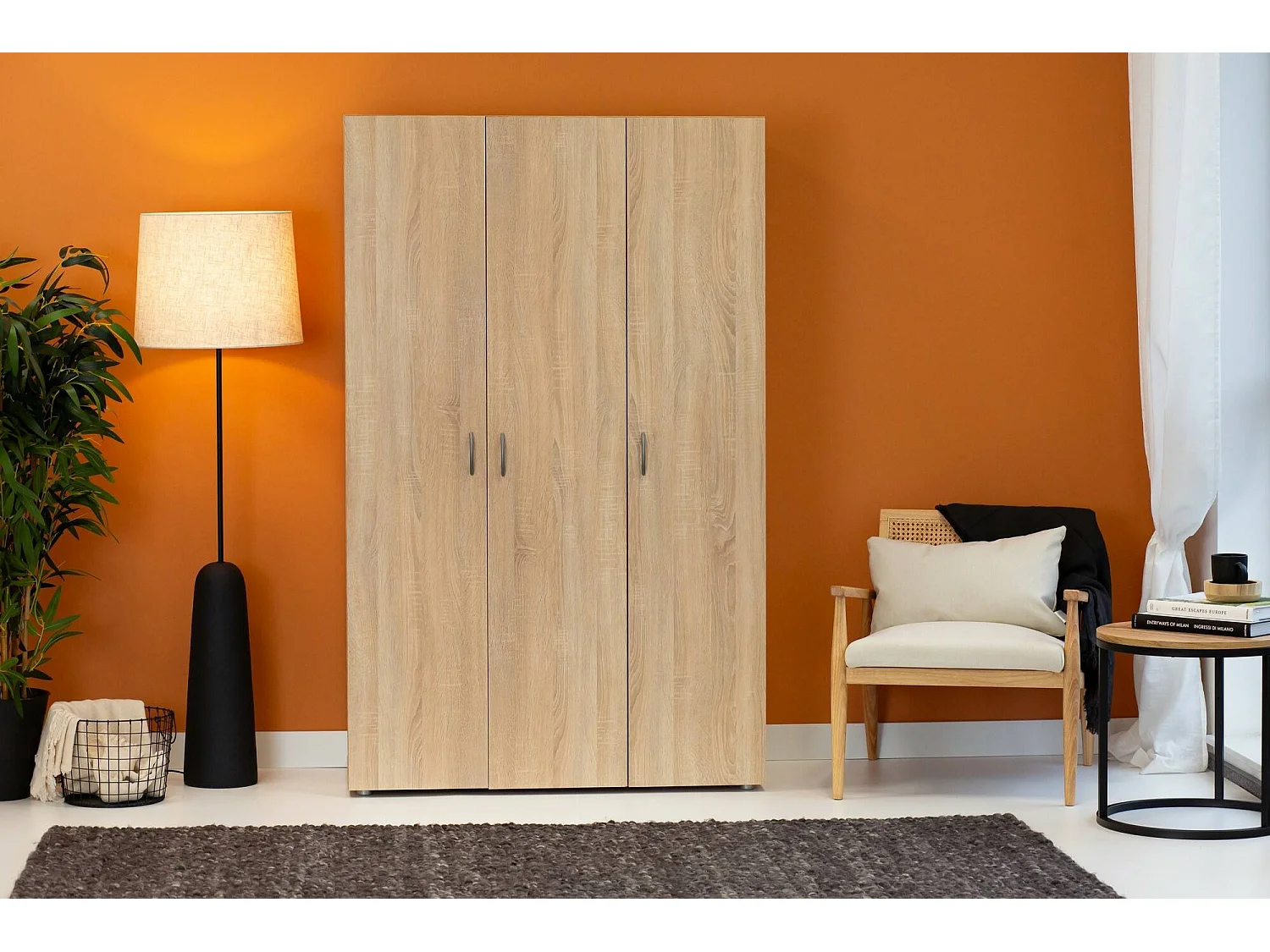 3-deurs garderobekast Pettineo, kledingkast met hanggedeelte, 111x52 cm eikenbruin, slaapkamerkast, 4 legplanken, 3 deuren