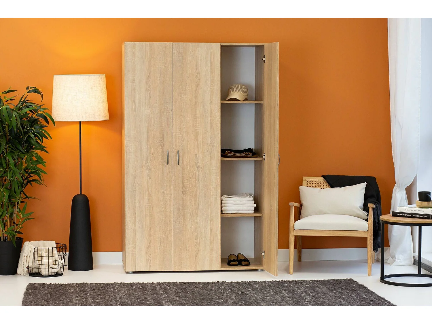 3-deurs garderobekast Pettineo, kledingkast met hanggedeelte, 111x52 cm eikenbruin, slaapkamerkast, 4 legplanken, 3 deuren