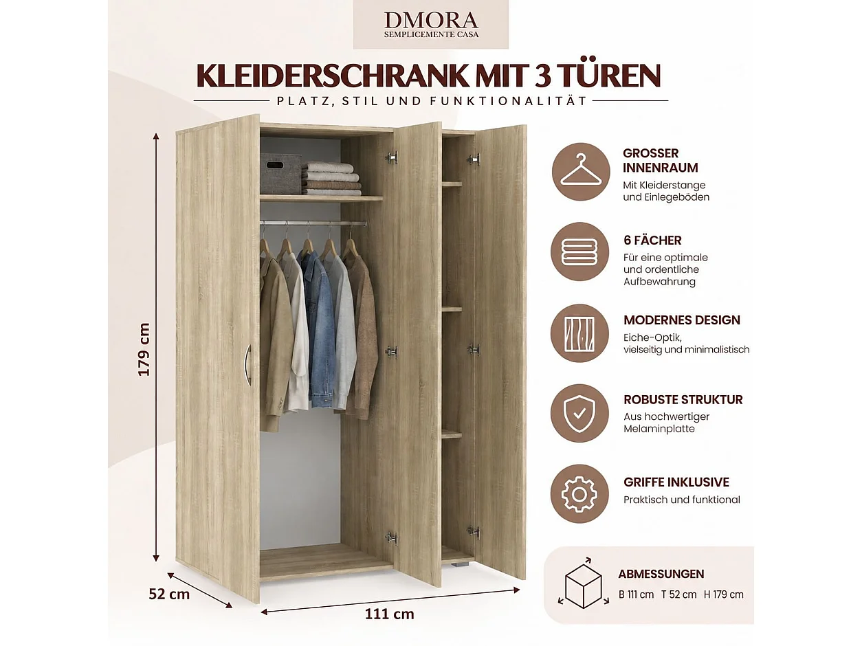 3-deurs garderobekast Pettineo, kledingkast met hanggedeelte, 111x52 cm eikenbruin, slaapkamerkast, 4 legplanken, 3 deuren