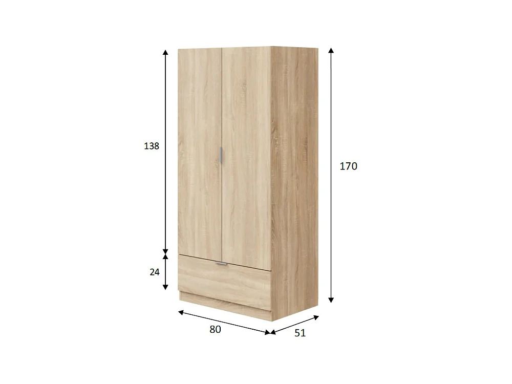 Kast 2 Deuren Budoia, een Plank, 80x170h cm Bruin Eiken, Slaapkamerkast, een Lade, Kledingroede